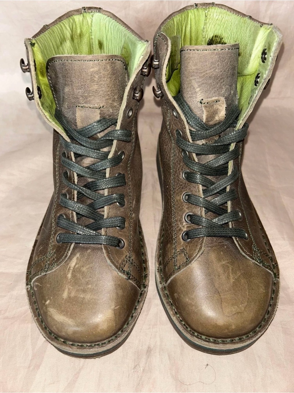 GRÜNBEIN Brown Leather Combat Ankle Boots Lace-Up Round Toe size 36